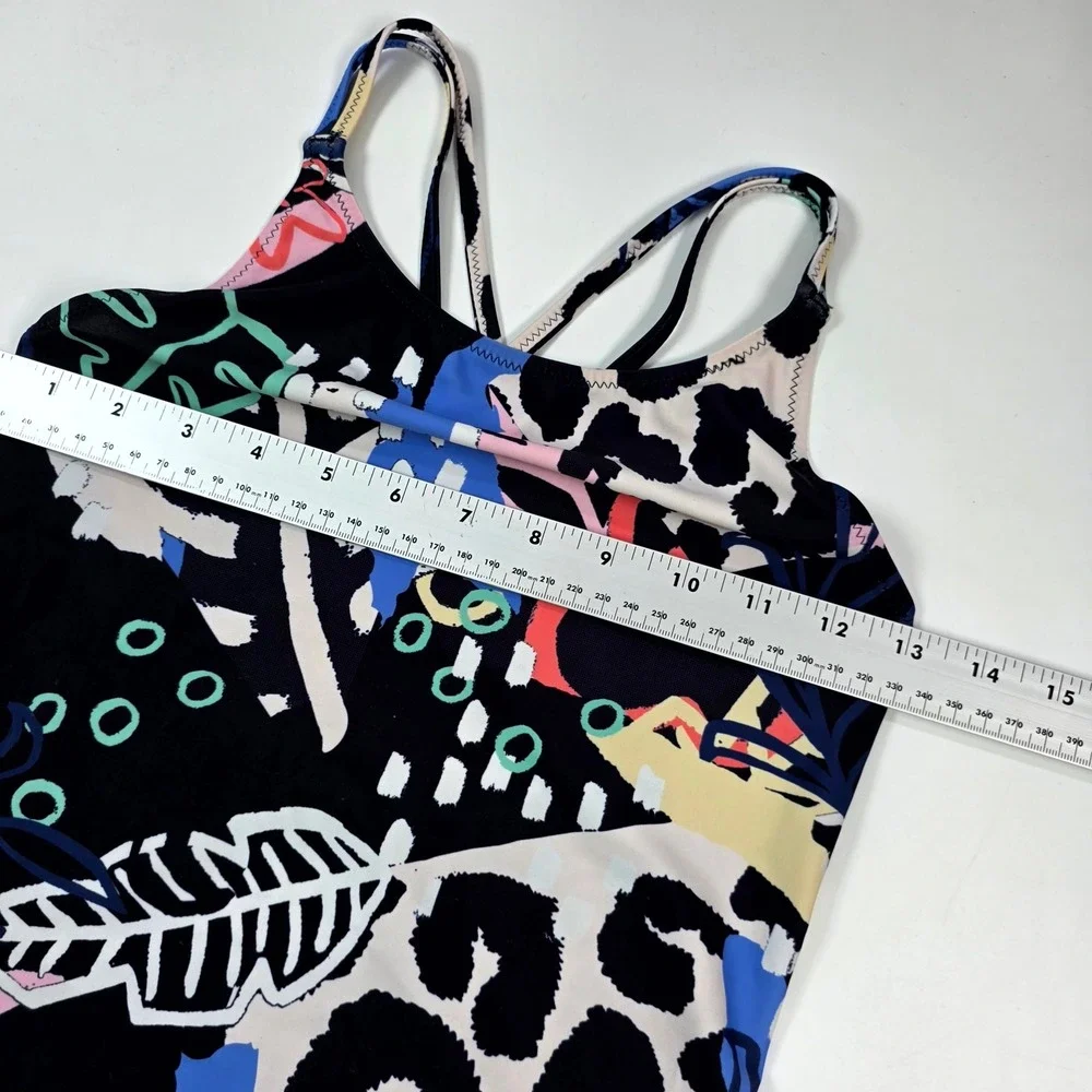 Athleta One Piece Swimsuit Girls 14 XL Black Leopard Tropical Strappy Back Swim
